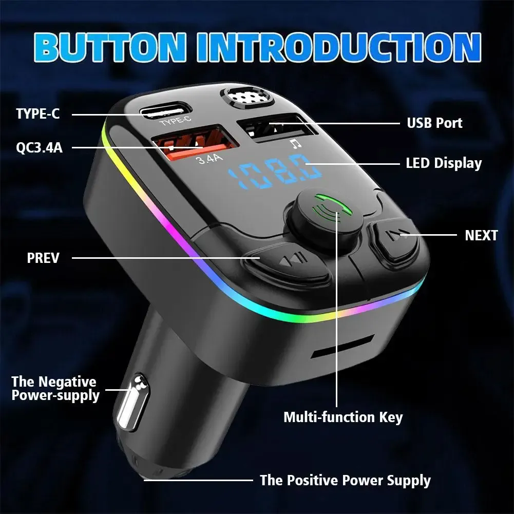 Bluetooth 5.0 Car FM Transmitter PD Type-C QC3.0 Dual USB MP3 Player with Handsfree Calling and Ambient Light, Fast Charging Adapter for Phones & Tablets thumbnail 6