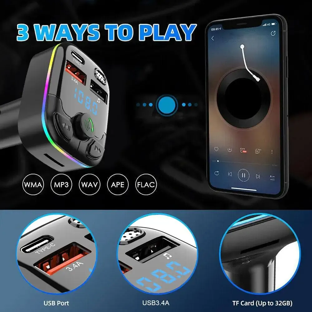 Bluetooth 5.0 Car FM Transmitter PD Type-C QC3.0 Dual USB MP3 Player with Handsfree Calling and Ambient Light, Fast Charging Adapter for Phones & Tablets thumbnail 4