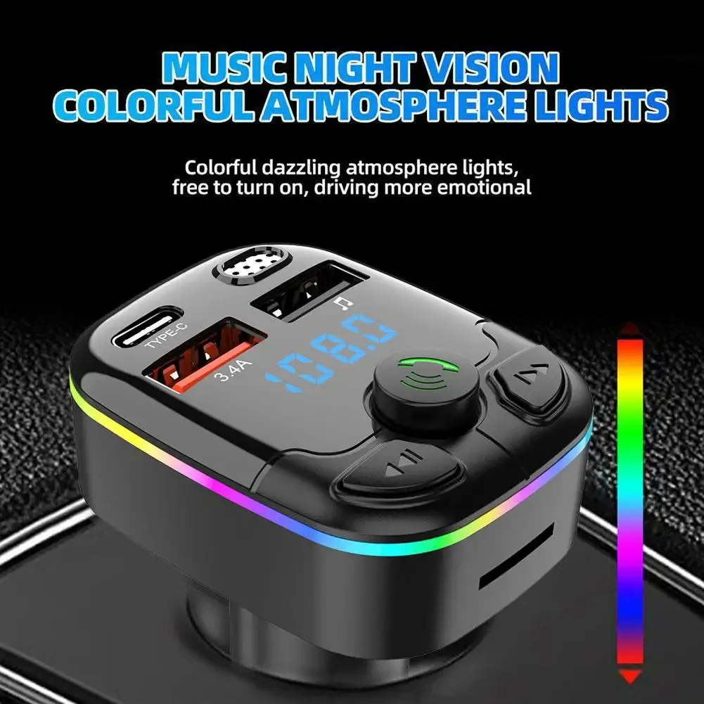 Bluetooth 5.0 Car FM Transmitter PD Type-C QC3.0 Dual USB MP3 Player with Handsfree Calling and Ambient Light, Fast Charging Adapter for Phones & Tablets thumbnail 5