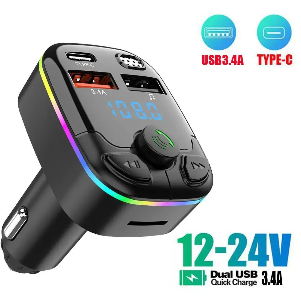 Bluetooth 5.0 Car FM Transmitter PD Type-C QC3.0 Dual USB MP3 Player with Handsfree Calling and Ambient Light, Fast Charging Adapter for Phones & Tablets