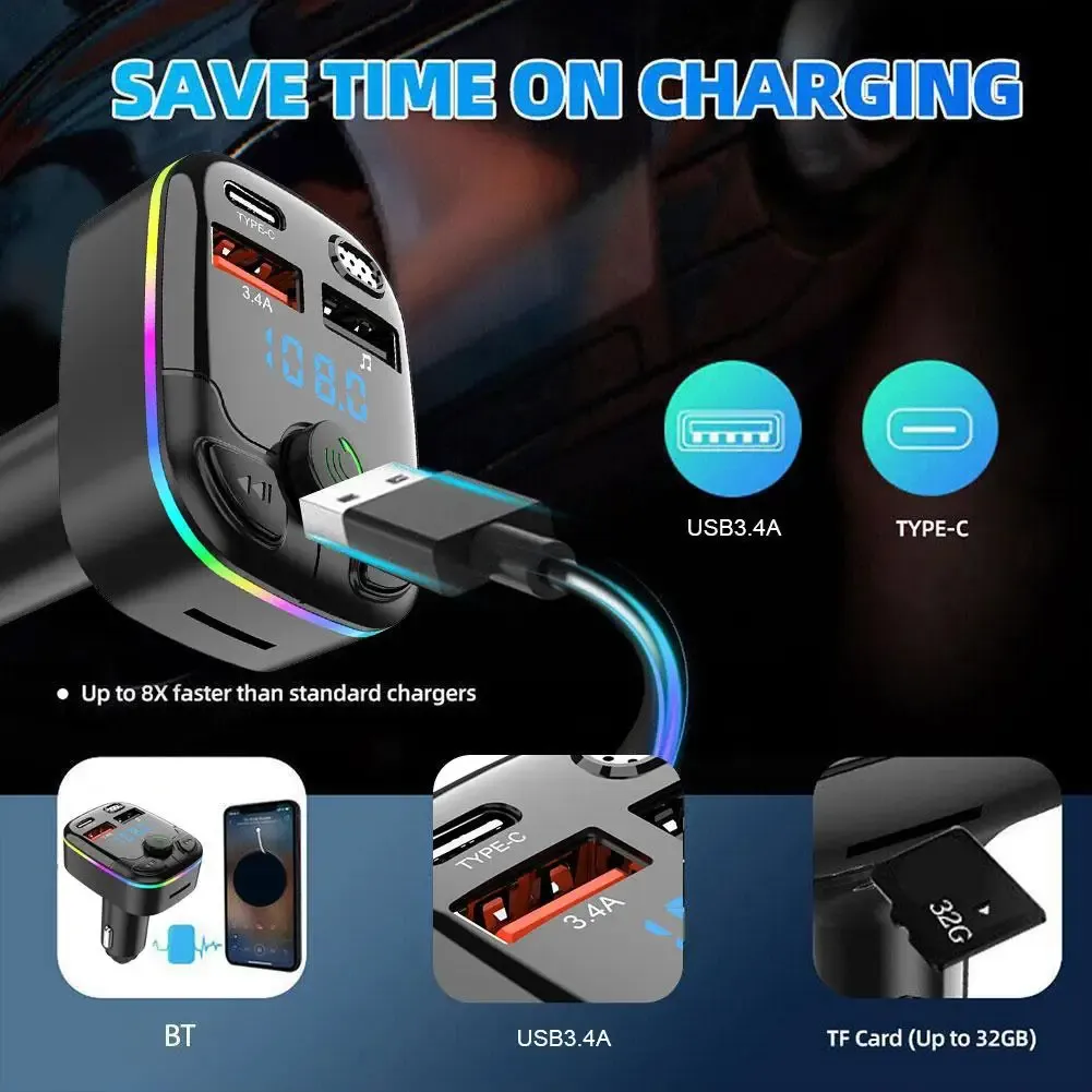 Bluetooth 5.0 Car FM Transmitter PD Type-C QC3.0 Dual USB MP3 Player with Handsfree Calling and Ambient Light, Fast Charging Adapter for Phones & Tablets thumbnail 2