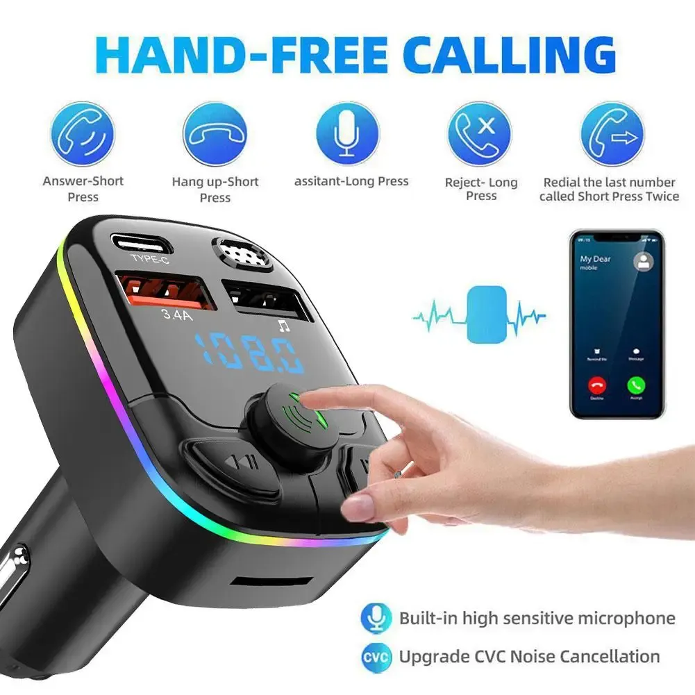 Bluetooth 5.0 Car FM Transmitter PD Type-C QC3.0 Dual USB MP3 Player with Handsfree Calling and Ambient Light, Fast Charging Adapter for Phones & Tablets showcase 3