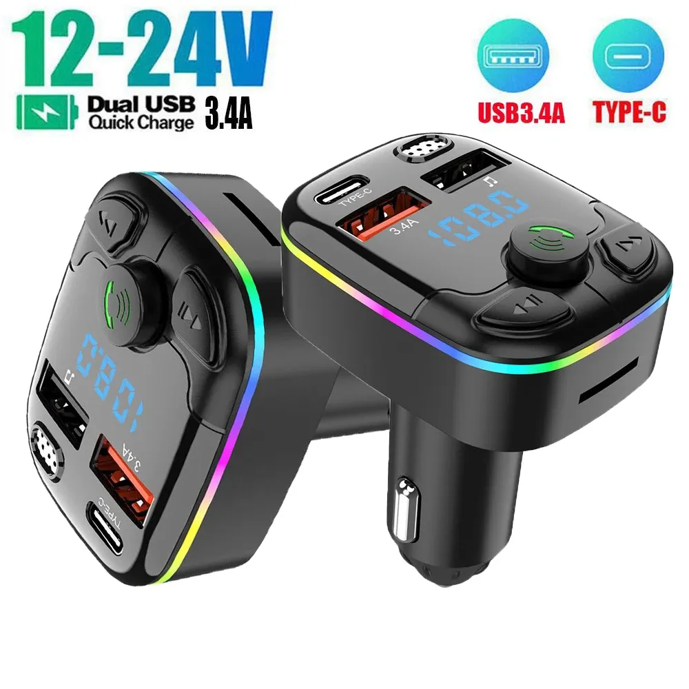 Bluetooth 5.0 Car FM Transmitter PD Type-C QC3.0 Dual USB MP3 Player with Handsfree Calling and Ambient Light, Fast Charging Adapter for Phones & Tablets showcase 1