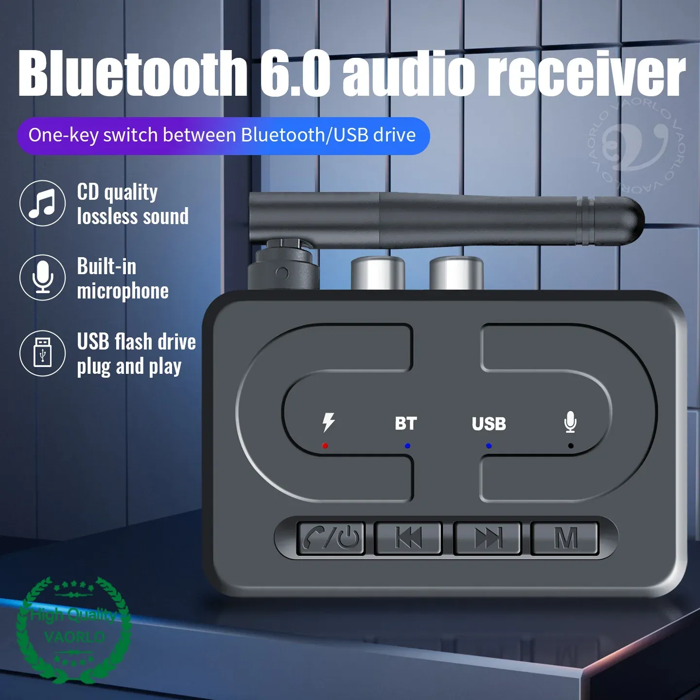 Bluetooth 5.0 Audio Receiver Adapter with HD Microphone & Antenna, USB U-Disk Music Wireless HIFI Stereo for Car Speaker Amplifier, 3.5mm AUX RCA Output thumbnail 3