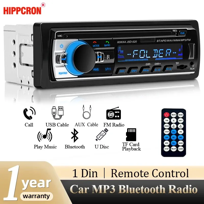 Hippcron 1DIN Car Stereo Multimedia MP3 Player with Bluetooth, FM Radio, USB/SD Input, AUX, and Remote Control - Digital Audio for Your Vehicle