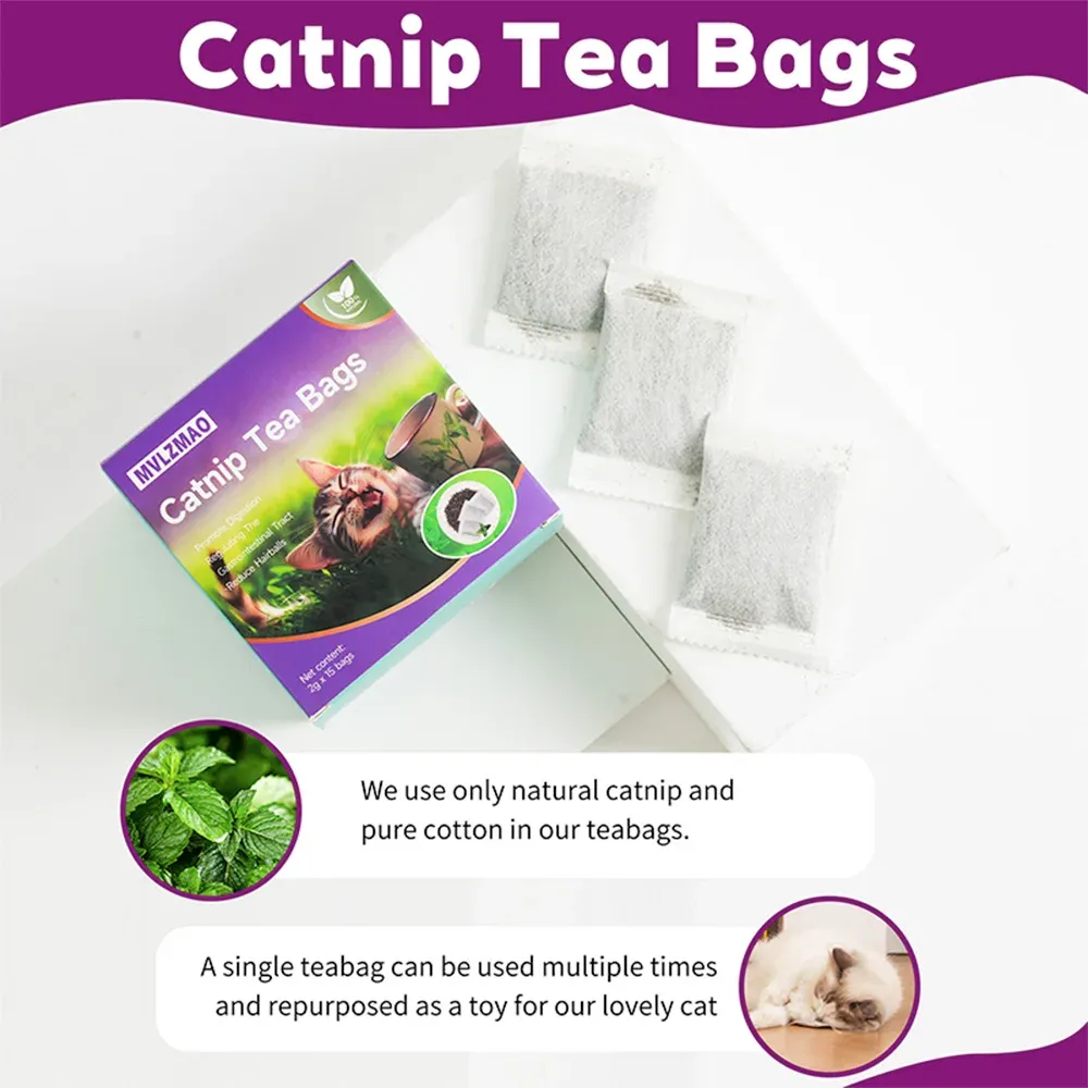 15 Pack Natural Catnip Tea Bags for Cats - Promotes Digestion, Appetite, and Active Play - Dental Health & Hairball Control - Toy & Water Additive thumbnail 5
