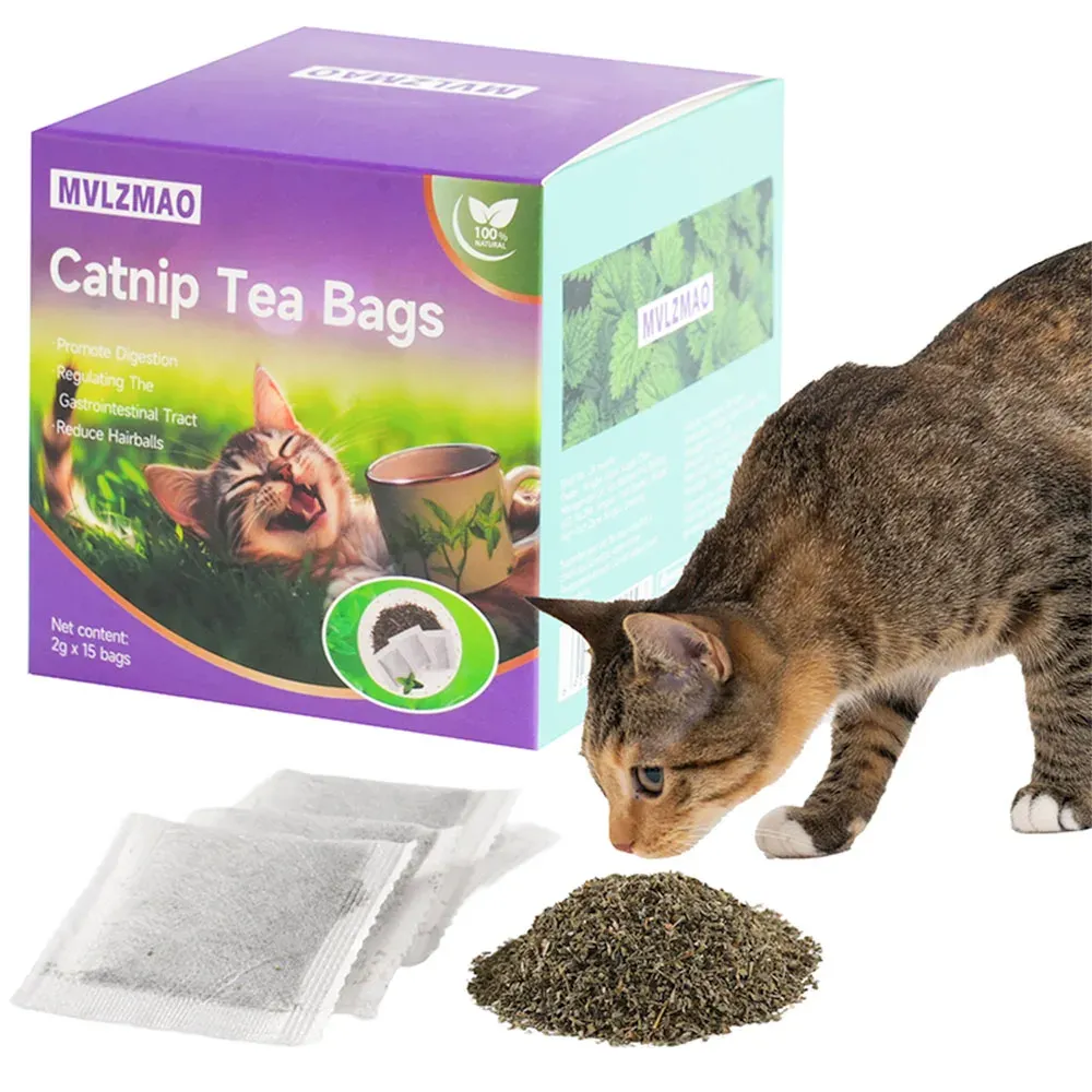15 Pack Natural Catnip Tea Bags for Cats - Promotes Digestion, Appetite, and Active Play - Dental Health & Hairball Control - Toy & Water Additive showcase 1