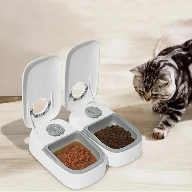 Automatic Dual Bowl Pet Feeder for Dogs & Cats | Timed Wet/Dry Food Dispenser with Ice Pack & Alarm Clock | Portable & Easy Clean Pet Food Solution thumbnail 1