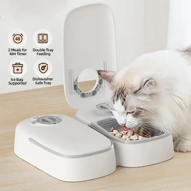 Automatic Dual Bowl Pet Feeder for Dogs & Cats | Timed Wet/Dry Food Dispenser with Ice Pack & Alarm Clock | Portable & Easy Clean Pet Food Solution thumbnail 2