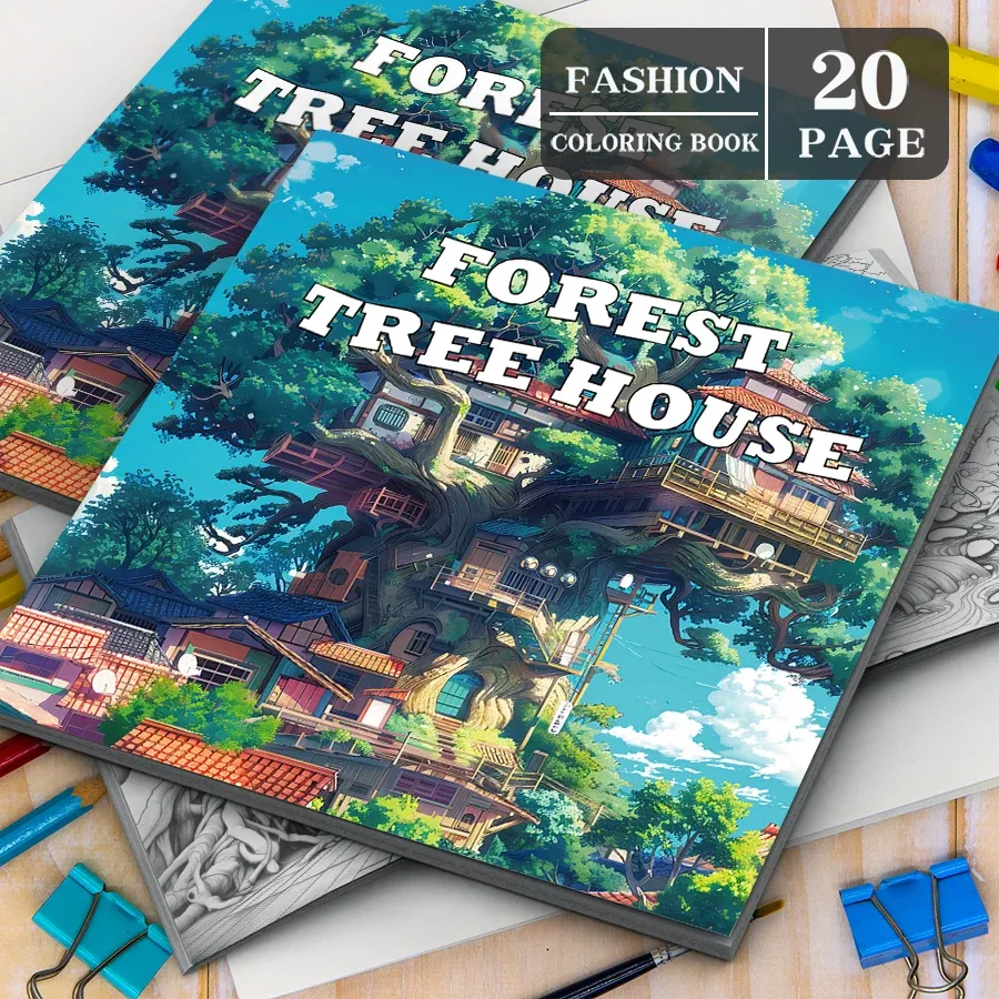 Treehouse Fantasy Adult Coloring Book: 20 Landscape Pages for Relaxation & Stress Relief, Ideal for Beginners & Art Enthusiasts thumbnail 4