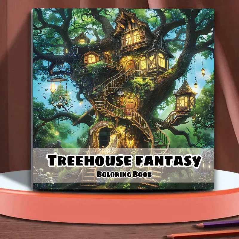 Treehouse Fantasy Adult Coloring Book: 20 Landscape Pages for Relaxation & Stress Relief, Ideal for Beginners & Art Enthusiasts thumbnail 3