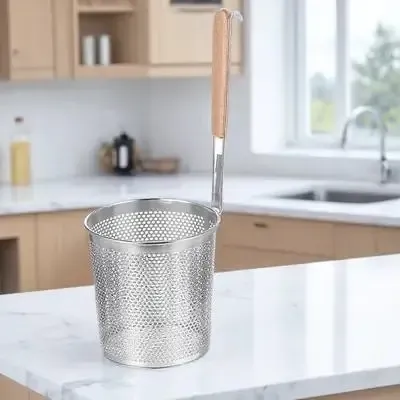 Stainless Steel Noodle Sifter Strainer Spoon with Long Wooden Handle - Fine Mesh Colander for Frying, Draining Oil, Vegetables, and Pasta - Kitchen Cooking Tool showcase 6