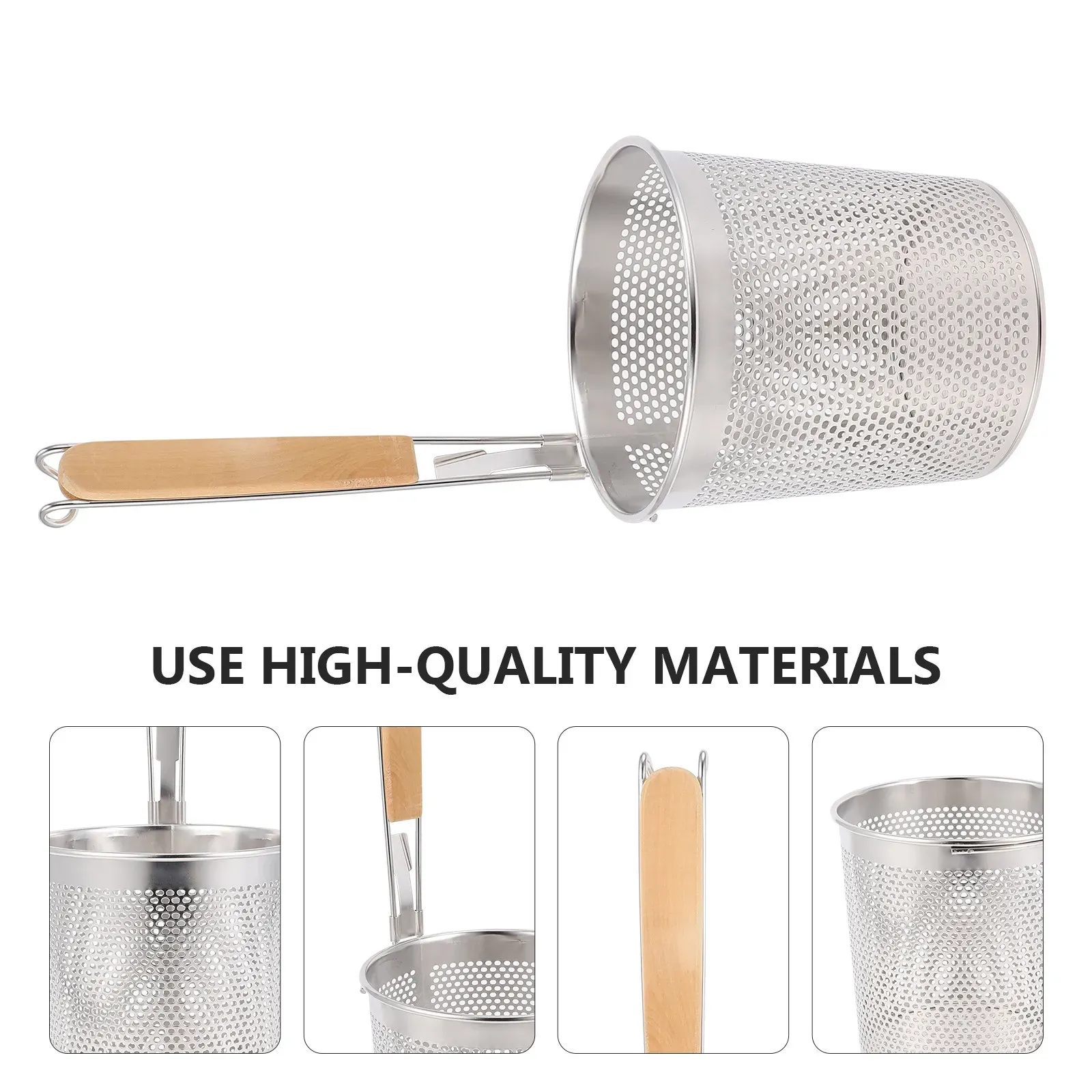Stainless Steel Noodle Sifter Strainer Spoon with Long Wooden Handle - Fine Mesh Colander for Frying, Draining Oil, Vegetables, and Pasta - Kitchen Cooking Tool thumbnail 1