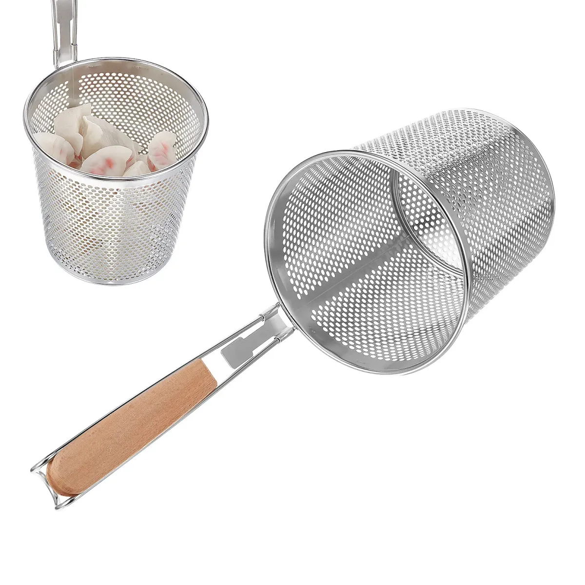Stainless Steel Noodle Sifter Strainer Spoon with Long Wooden Handle - Fine Mesh Colander for Frying, Draining Oil, Vegetables, and Pasta - Kitchen Cooking Tool showcase 3