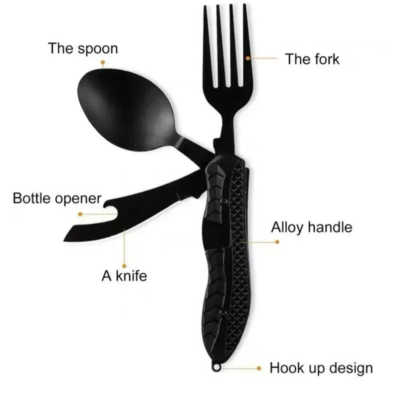 Portable Stainless Steel Camping Utensil Set - Foldable Spoon, Fork, Knife Multitool with Bottle Opener, Ideal for Outdoor Adventures and Travel thumbnail 3