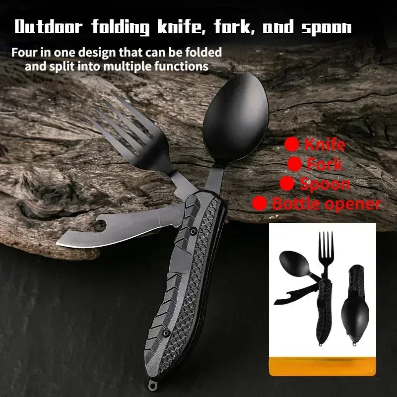 Portable Stainless Steel Camping Utensil Set - Foldable Spoon, Fork, Knife Multitool with Bottle Opener, Ideal for Outdoor Adventures and Travel thumbnail 1