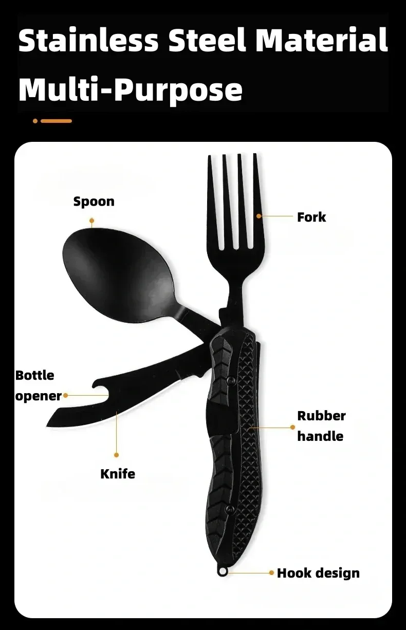 Portable Stainless Steel Camping Utensil Set - Foldable Spoon, Fork, Knife Multitool with Bottle Opener, Ideal for Outdoor Adventures and Travel showcase 3