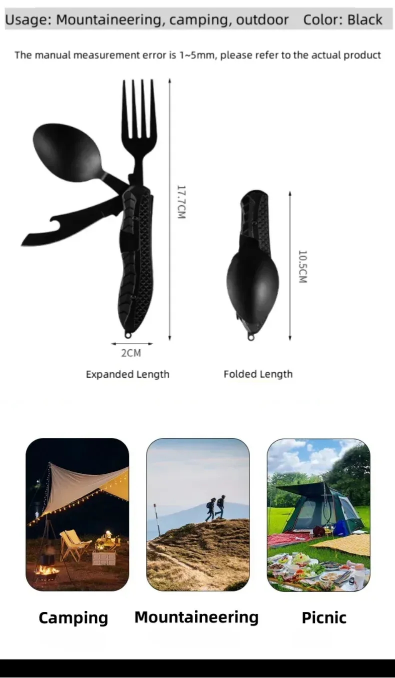 Portable Stainless Steel Camping Utensil Set - Foldable Spoon, Fork, Knife Multitool with Bottle Opener, Ideal for Outdoor Adventures and Travel showcase 2