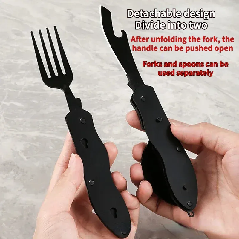 Portable Stainless Steel Camping Utensil Set - Foldable Spoon, Fork, Knife Multitool with Bottle Opener, Ideal for Outdoor Adventures and Travel thumbnail 5