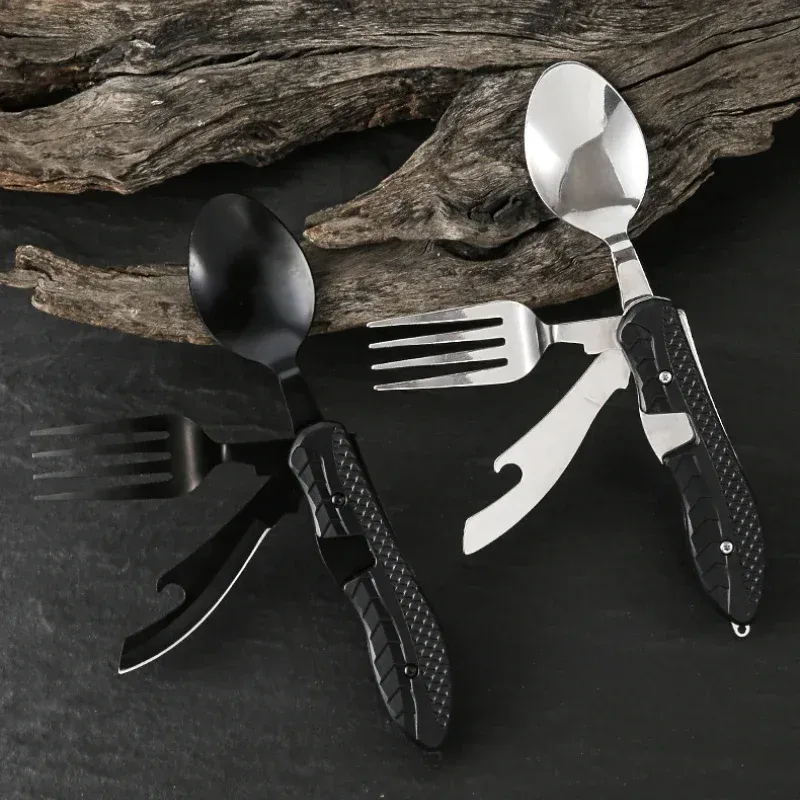 Portable Stainless Steel Camping Utensil Set - Foldable Spoon, Fork, Knife Multitool with Bottle Opener, Ideal for Outdoor Adventures and Travel thumbnail 6