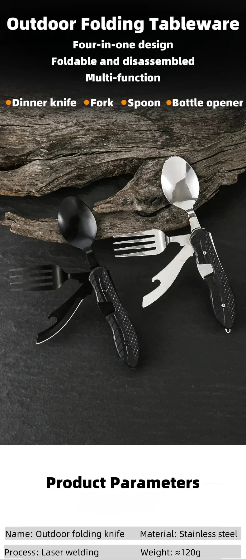 Portable Stainless Steel Camping Utensil Set - Foldable Spoon, Fork, Knife Multitool with Bottle Opener, Ideal for Outdoor Adventures and Travel showcase 1