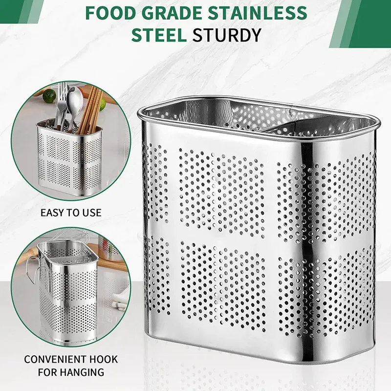 Stainless Steel Chopsticks Holder with Hooks - Kitchen Utensil Drying Rack Organizer for Forks, Spoons, and Cookware - Rust-Free & Durable Countertop Storage thumbnail 4