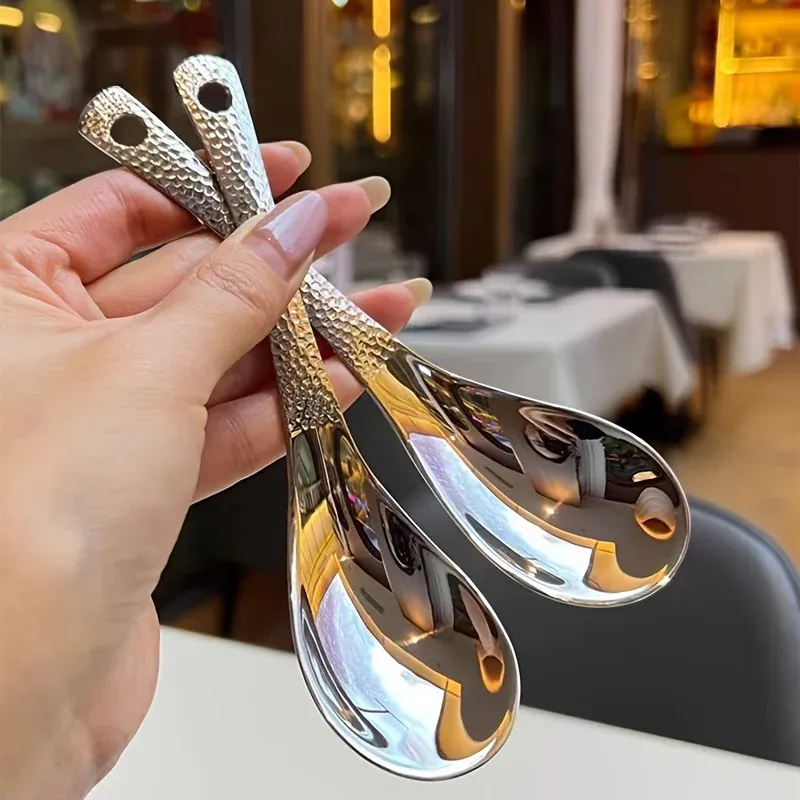 2pcs Stainless Steel Spoon Set - Large Capacity Mirror Polished Cutlery for Desserts, Fruits, Home Kitchen Use, Elegant Dining Utensils