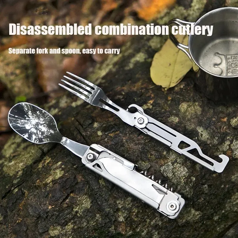 Multifunctional Portable Camping Cutlery Set Stainless Steel Folding Knife Fork Spoon with Can Opener Outdoor Equipment for Travel and Picnics thumbnail 1