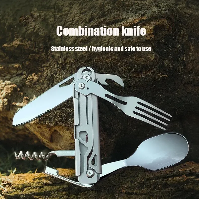 Multifunctional Portable Camping Cutlery Set Stainless Steel Folding Knife Fork Spoon with Can Opener Outdoor Equipment for Travel and Picnics thumbnail 2