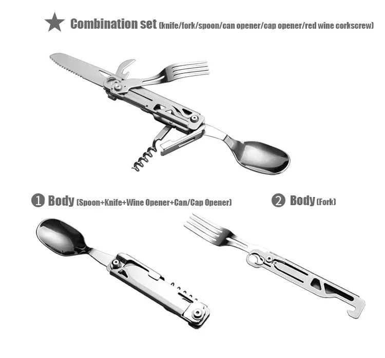 Multifunctional Portable Camping Cutlery Set Stainless Steel Folding Knife Fork Spoon with Can Opener Outdoor Equipment for Travel and Picnics showcase 4