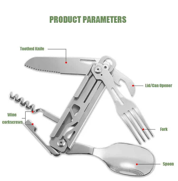 Multifunctional Portable Camping Cutlery Set Stainless Steel Folding Knife Fork Spoon with Can Opener Outdoor Equipment for Travel and Picnics showcase 3