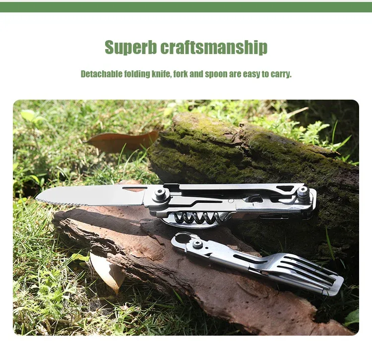 Multifunctional Portable Camping Cutlery Set Stainless Steel Folding Knife Fork Spoon with Can Opener Outdoor Equipment for Travel and Picnics showcase 2