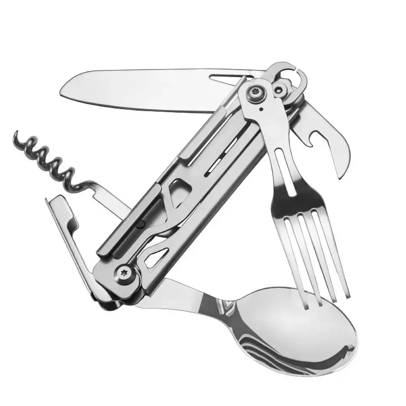 Multifunctional Portable Camping Cutlery Set Stainless Steel Folding Knife Fork Spoon with Can Opener Outdoor Equipment for Travel and Picnics thumbnail 5