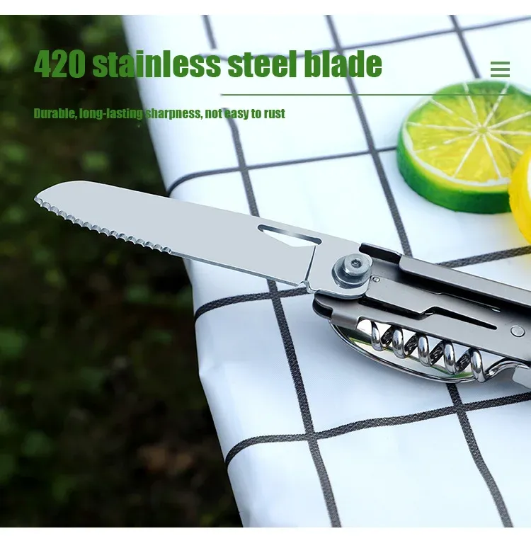 Multifunctional Portable Camping Cutlery Set Stainless Steel Folding Knife Fork Spoon with Can Opener Outdoor Equipment for Travel and Picnics showcase 6