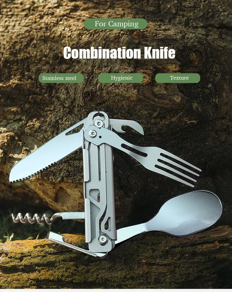 Multifunctional Portable Camping Cutlery Set Stainless Steel Folding Knife Fork Spoon with Can Opener Outdoor Equipment for Travel and Picnics showcase 1