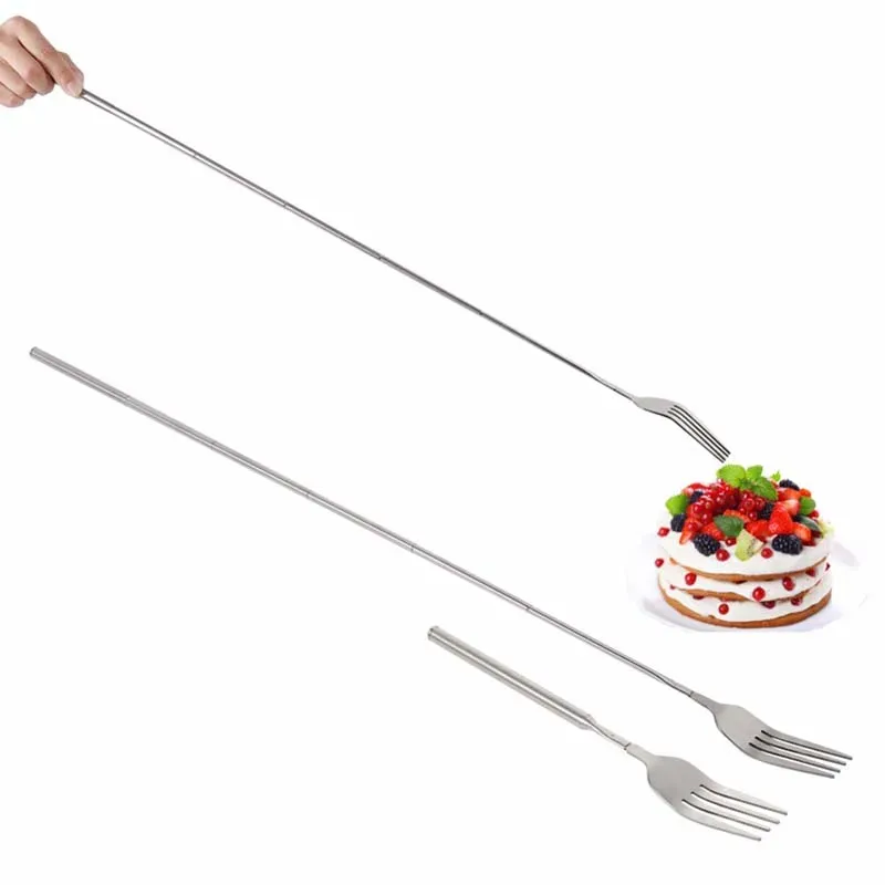 Silver Stainless Steel Telescopic Extendable Fork - Long BBQ Meat, Fruit, Dessert Cutlery for Kitchen & Barbecue thumbnail 1