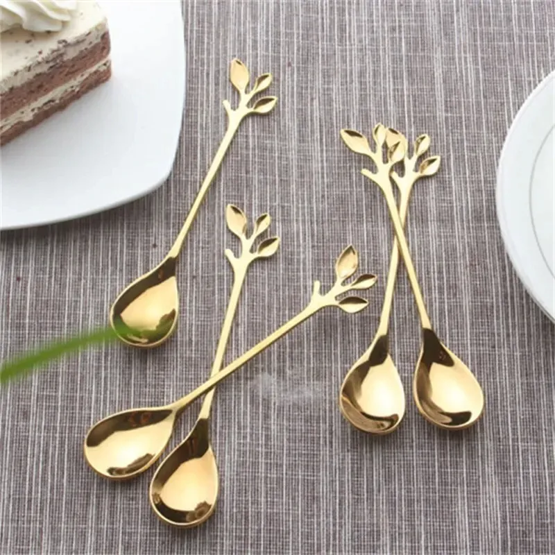 Creative Leaf Shape Stainless Steel Dessert Spoons Set - Elegant Gold Finish Cutlery for Coffee, Tea, Fruit, Appetizers - Perfect for Home, Restaurant, Parties