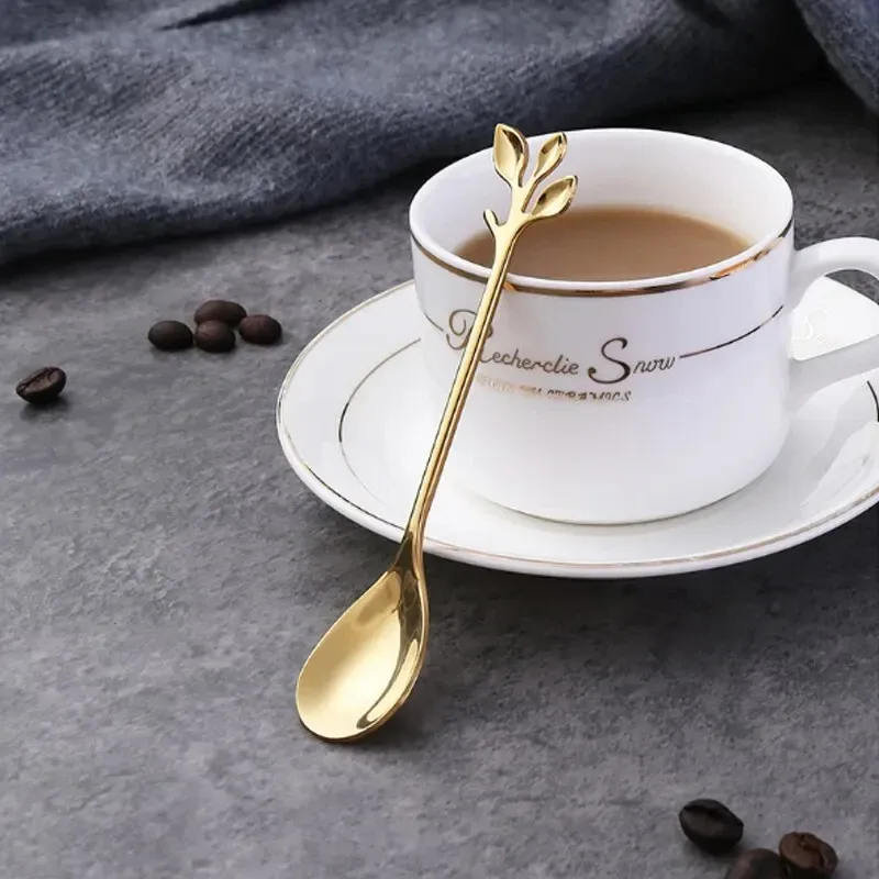 Creative Leaf Shape Stainless Steel Dessert Spoons Set - Elegant Gold Finish Cutlery for Coffee, Tea, Fruit, Appetizers - Perfect for Home, Restaurant, Parties thumbnail 2