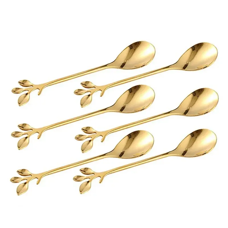 Creative Leaf Shape Stainless Steel Dessert Spoons Set - Elegant Gold Finish Cutlery for Coffee, Tea, Fruit, Appetizers - Perfect for Home, Restaurant, Parties thumbnail 5