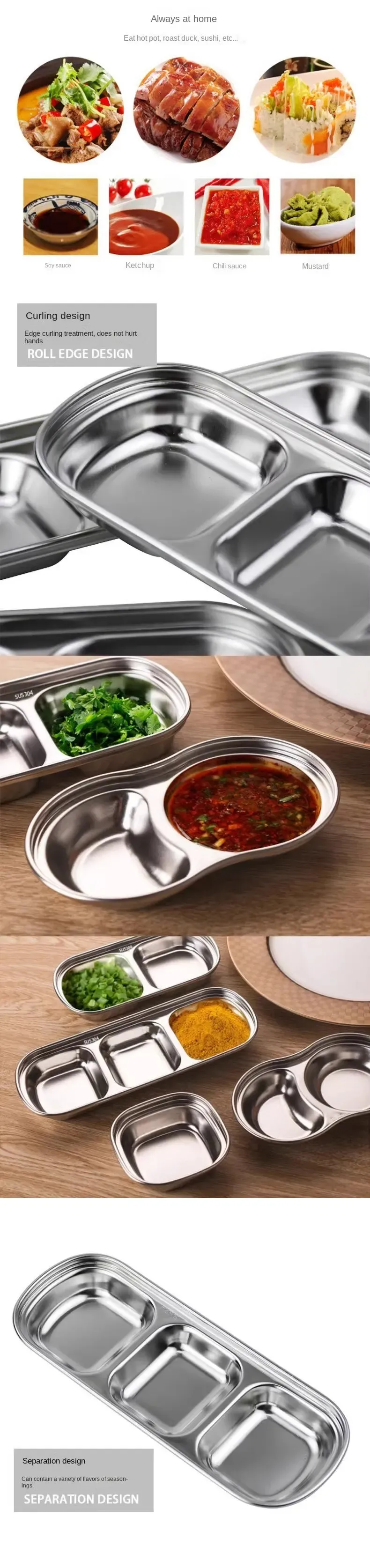 304 Stainless Steel 3-Compartment Dipping Tray for BBQ Restaurants & Home Use - Durable Seasoning Sauce Holder for Condiments showcase 1