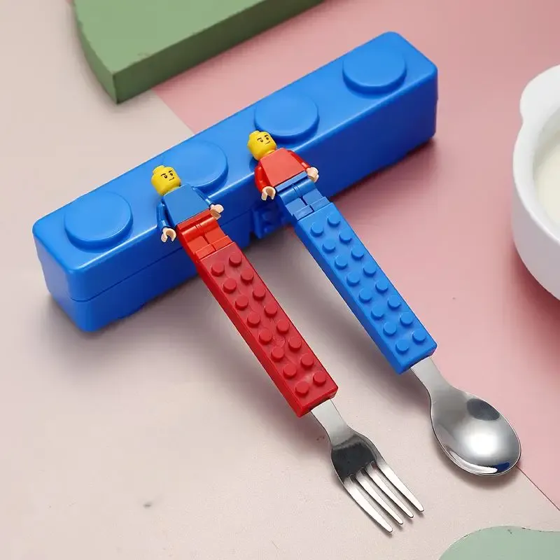 Kids Building Block Style Stainless Steel Cutlery Set - Portable Fork & Spoon with Storage Box, Fun 3D Cartoon Design for Children thumbnail 1