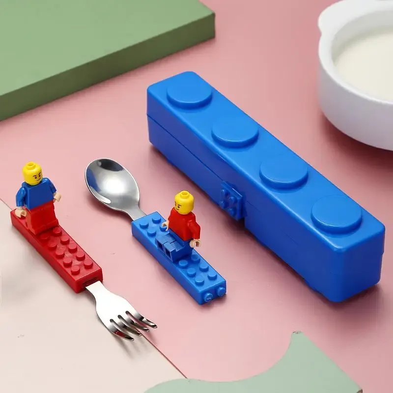Kids Building Block Style Stainless Steel Cutlery Set - Portable Fork & Spoon with Storage Box, Fun 3D Cartoon Design for Children thumbnail 6