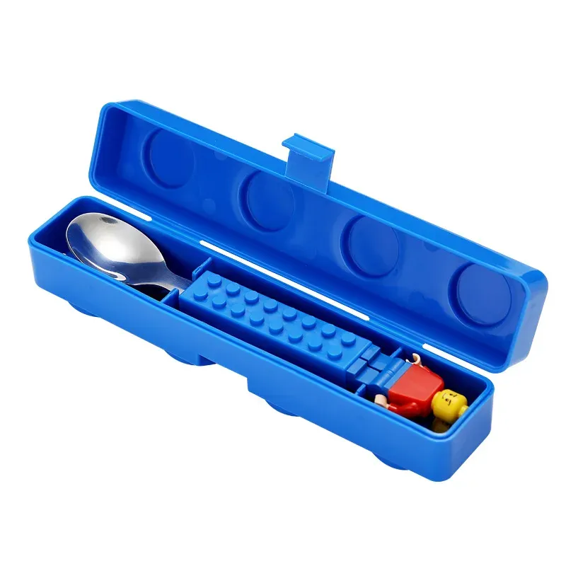 Kids Building Block Style Stainless Steel Cutlery Set - Portable Fork & Spoon with Storage Box, Fun 3D Cartoon Design for Children showcase 3