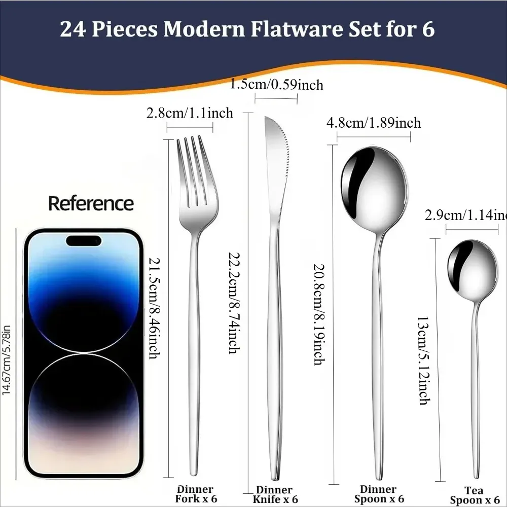 24-Piece Stainless Steel Flatware Cutlery Set - Elegant Tableware with Dessert Spoons, Dishwasher Safe for Home Kitchen Dining thumbnail 6
