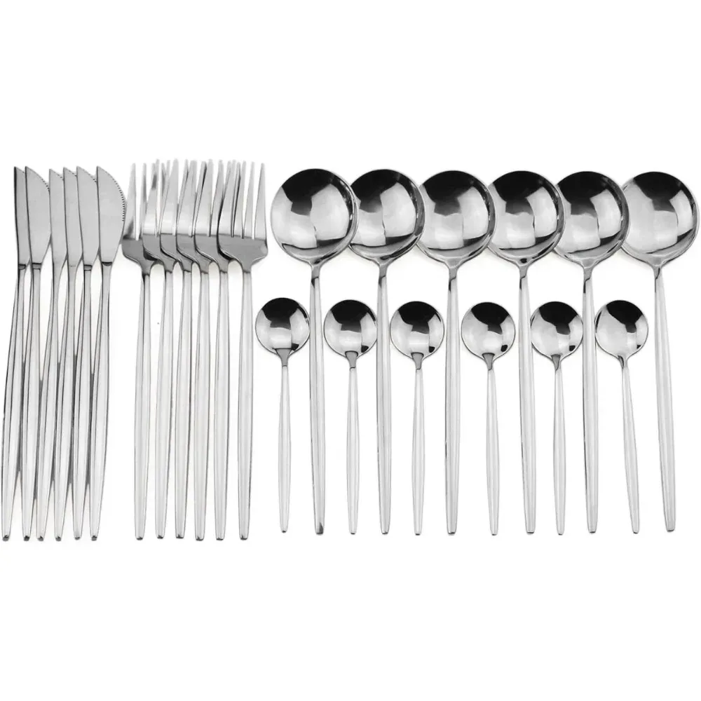 24-Piece Stainless Steel Flatware Cutlery Set - Elegant Tableware with Dessert Spoons, Dishwasher Safe for Home Kitchen Dining