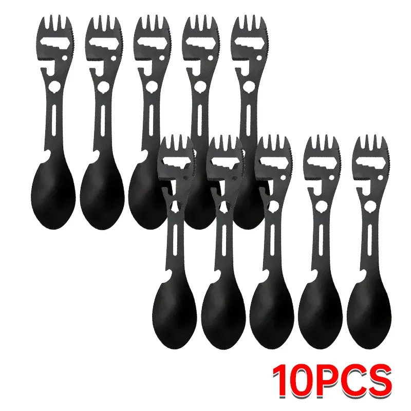 5-in-1 Stainless Steel Camping Utensils Set: Portable Outdoor Survival Gear, Multi-tool Cutlery Fork Spoon Bottle Opener for Hiking, Travel, and Picnics thumbnail 1