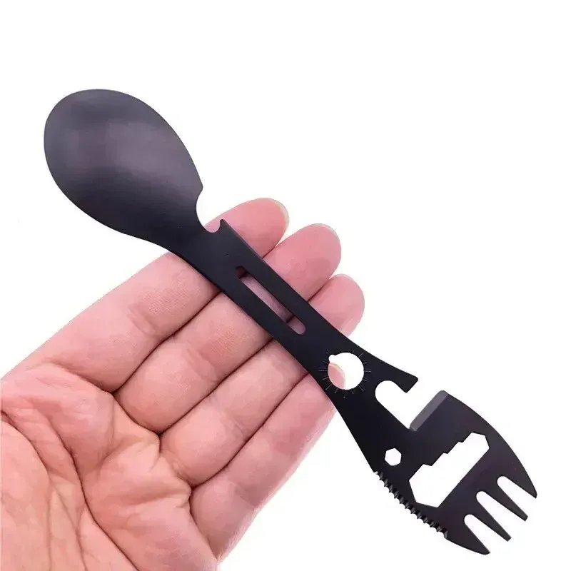 5-in-1 Stainless Steel Camping Utensils Set: Portable Outdoor Survival Gear, Multi-tool Cutlery Fork Spoon Bottle Opener for Hiking, Travel, and Picnics thumbnail 2