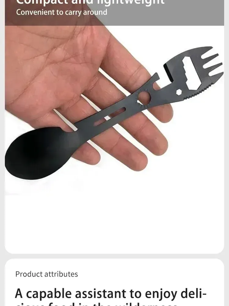 5-in-1 Stainless Steel Camping Utensils Set: Portable Outdoor Survival Gear, Multi-tool Cutlery Fork Spoon Bottle Opener for Hiking, Travel, and Picnics showcase 2