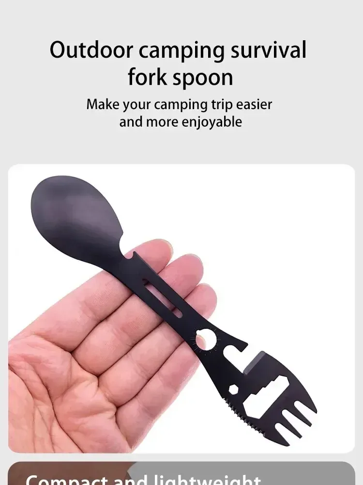 5-in-1 Stainless Steel Camping Utensils Set: Portable Outdoor Survival Gear, Multi-tool Cutlery Fork Spoon Bottle Opener for Hiking, Travel, and Picnics showcase 1