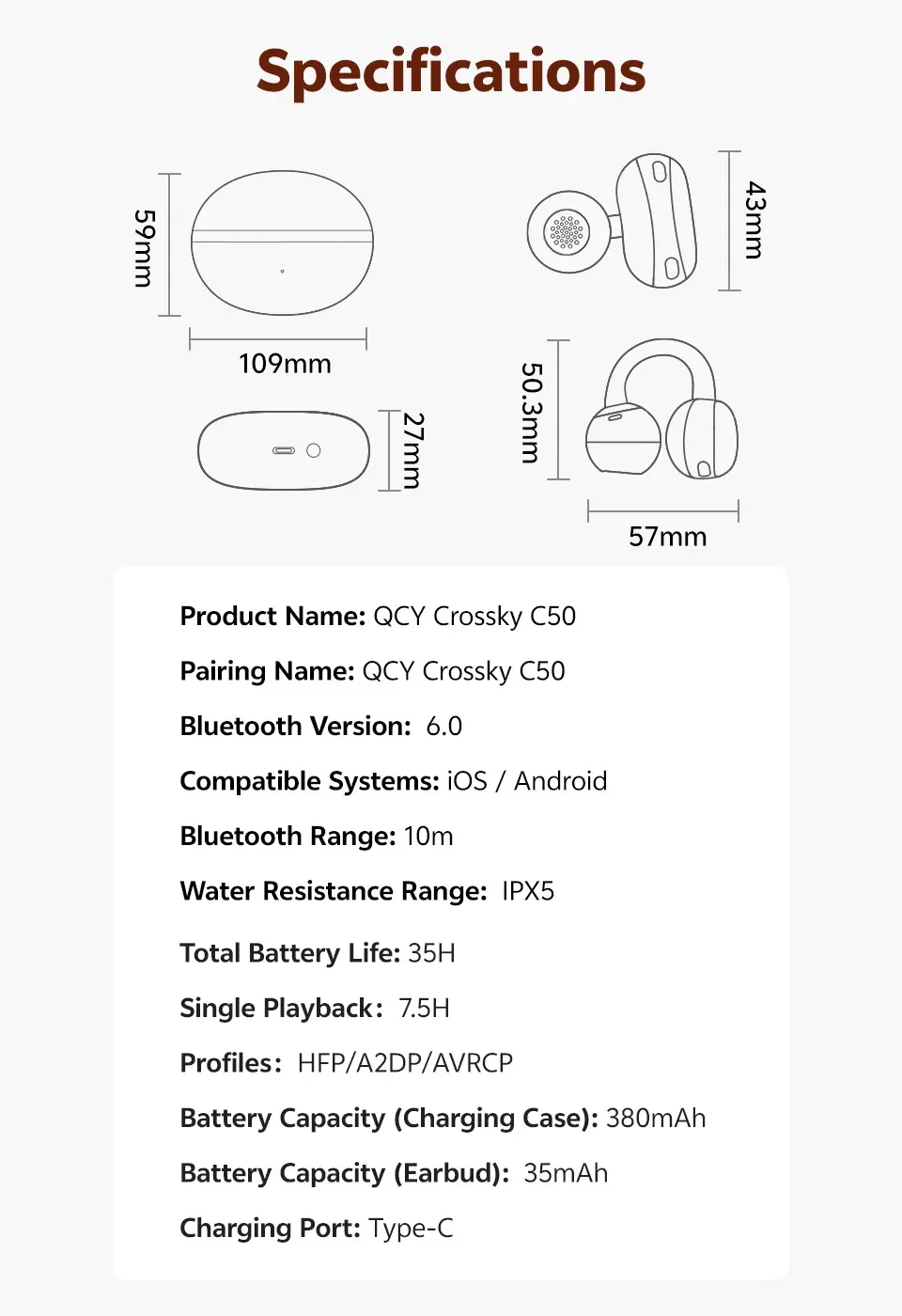 QCY Crossky C50 Open Ear Wireless Earbuds, Bluetooth 6.0 Clip-On Sports Headphones with 4 Mic AI Clear Call, Bass Boost, 35H Playtime, IPX5 Waterproof for Running & Fitness showcase 20